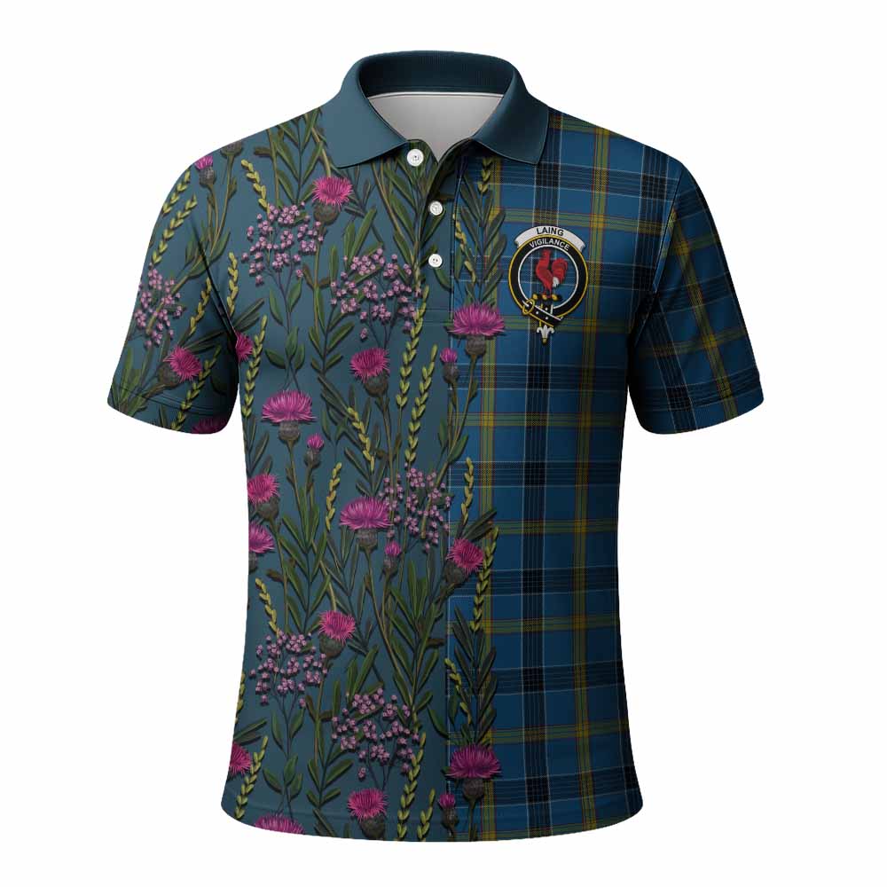 Laing Family Crest Tartan Polo Shirt Scottish Thistle Flower Pattern Half Style - Tartan Vibes Clothing