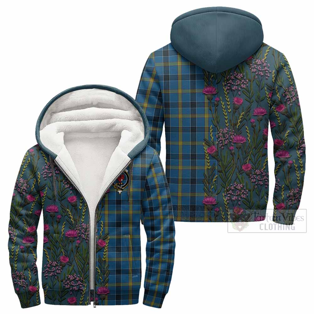 Laing Family Crest Tartan Sherpa Hoodie Scottish Thistle Flower Pattern Half Style - Tartan Vibes Clothing