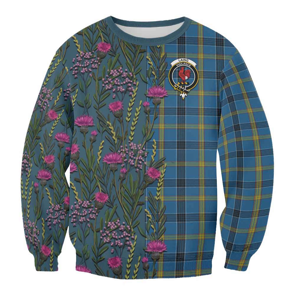 Laing Family Crest Tartan Sweatshirt Scottish Thistle Flower Pattern Half Style - Tartan Vibes Clothing