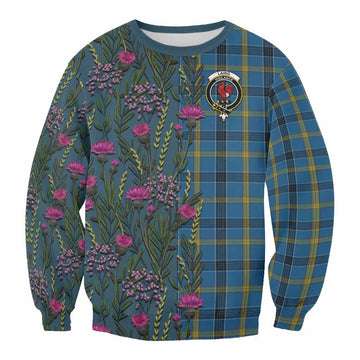 Laing Family Crest Tartan Sweatshirt Scottish Thistle Flower Pattern Half Style