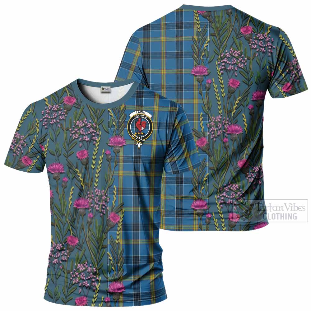 Laing Family Crest Tartan T-Shirt Scottish Thistle Flower Pattern Half Style - Tartan Vibes Clothing