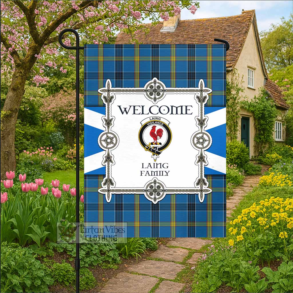 Laing Family Crest Tartan Welcome Garden Flag Saltire Harmony Style