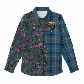Laing Family Crest Tartan Women Casual Shirt Scottish Thistle Flower Pattern Half Style - Tartan Vibes Clothing