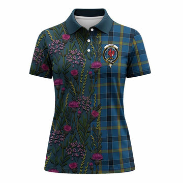 Laing Family Crest Tartan Women Polo Shirt Scottish Thistle Flower Pattern Half Style