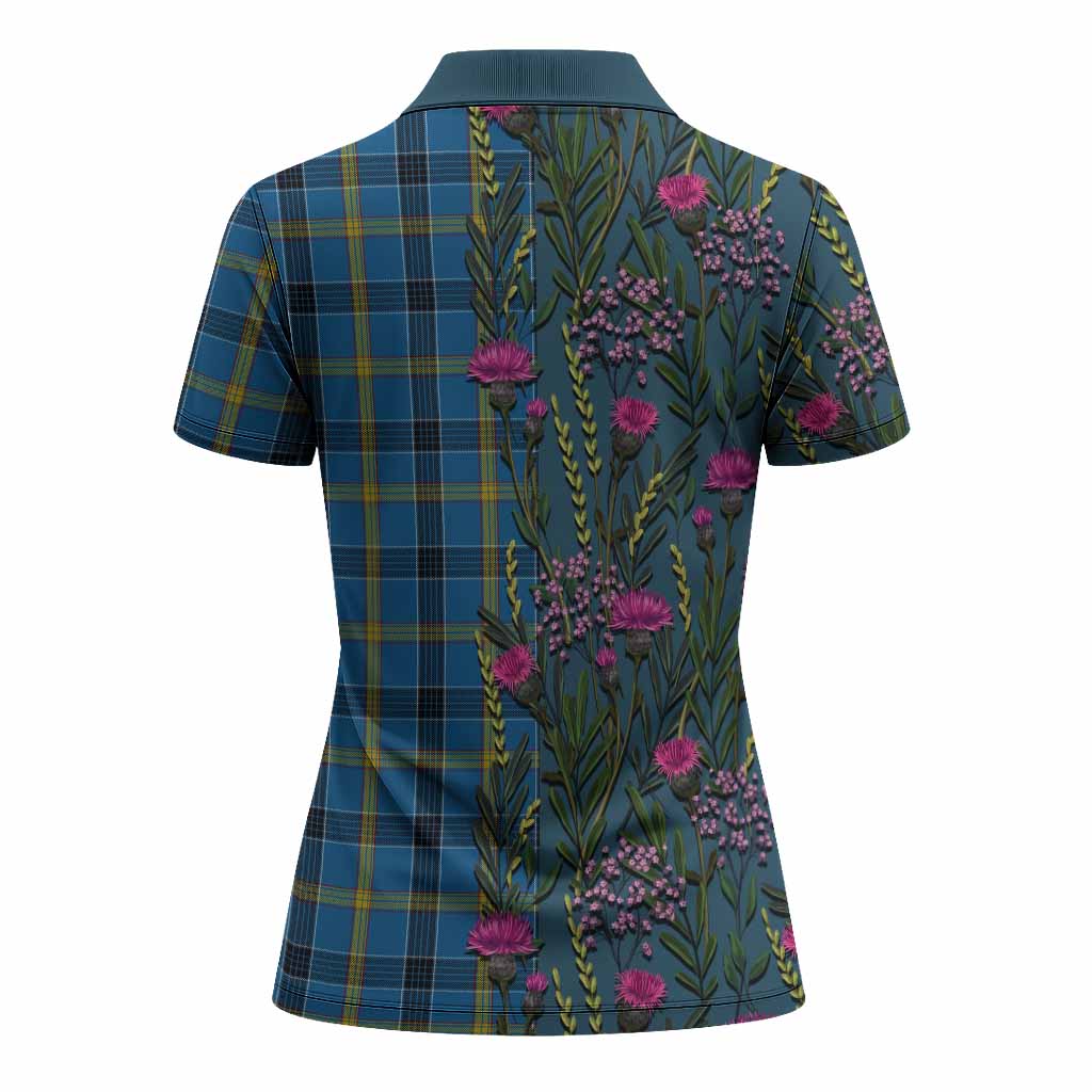 Laing Family Crest Tartan Women Polo Shirt Scottish Thistle Flower Pattern Half Style - Tartan Vibes Clothing