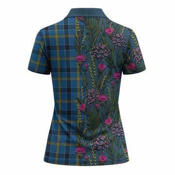 Laing Family Crest Tartan Women Polo Shirt Scottish Thistle Flower Pattern Half Style