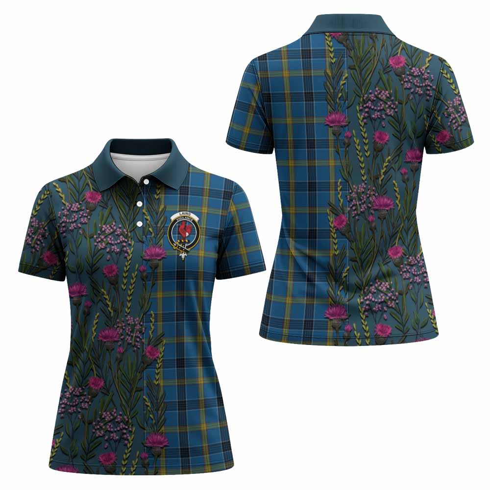 Laing Family Crest Tartan Women Polo Shirt Scottish Thistle Flower Pattern Half Style - Tartan Vibes Clothing