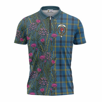 Laing Family Crest Tartan Zipper Polo Shirt Scottish Thistle Flower Pattern Half Style