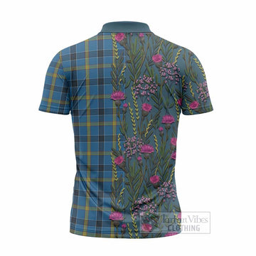 Laing Family Crest Tartan Zipper Polo Shirt Scottish Thistle Flower Pattern Half Style