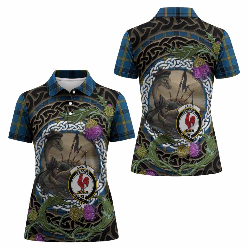 Laing Tartan Crest Bagpipe Nessie Women Polo Shirt Scottish Loch Ness Monster Celtic Thistle