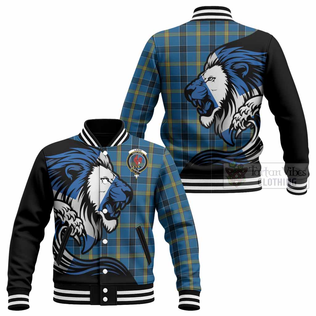 Laing Tartan Crest Baseball Jacket Scottish Golden Lions Wave Flow
