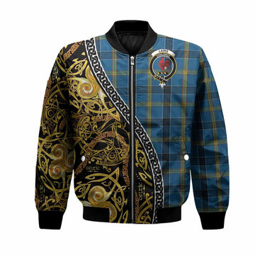 Laing Tartan Crest Bomber Jacket Celtic Knot and Triple Trickle Spiral Symbols