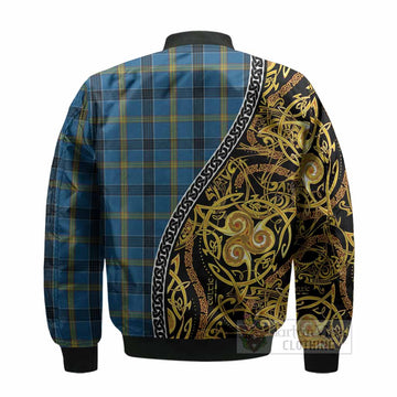 Laing Tartan Crest Bomber Jacket Celtic Knot and Triple Trickle Spiral Symbols