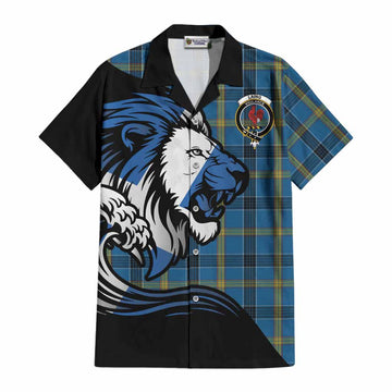 Laing Tartan Crest Cotton Hawaiian Shirt Scottish Golden Lions Wave Flow