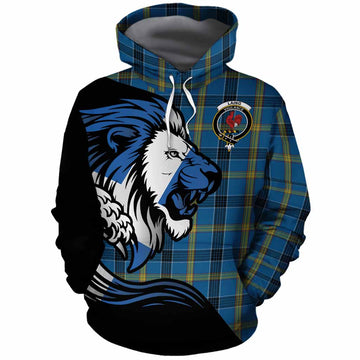Laing Tartan Crest Cotton Hoodie Scottish Golden Lions Wave Flow