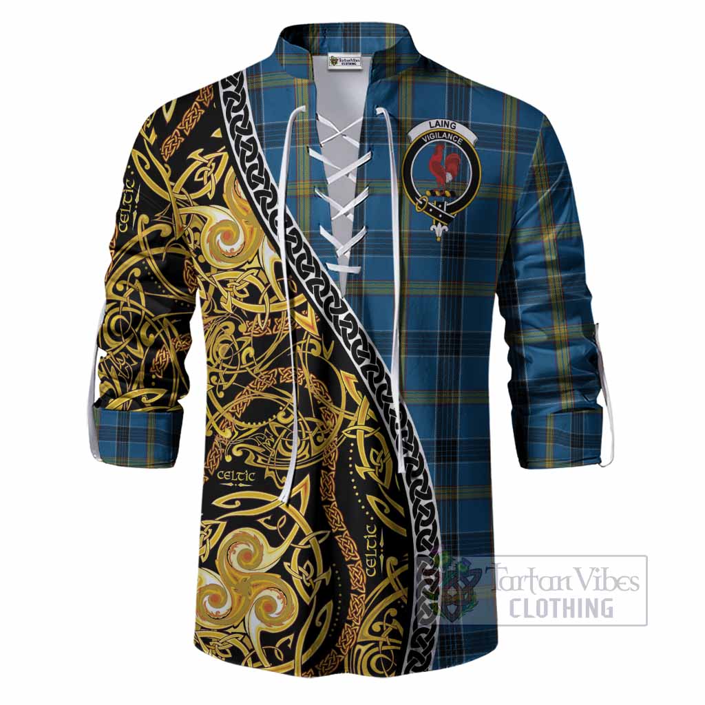 Laing Tartan Crest Ghillie Shirt Celtic Knot and Triple Trickle Spiral Symbols