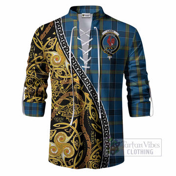 Laing Tartan Crest Ghillie Shirt Celtic Knot and Triple Trickle Spiral Symbols
