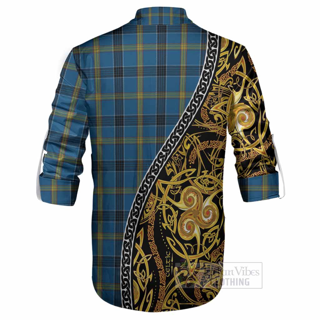 Laing Tartan Crest Ghillie Shirt Celtic Knot and Triple Trickle Spiral Symbols