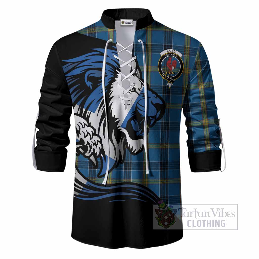 Laing Tartan Crest Ghillie Shirt Scottish Golden Lions Wave Flow
