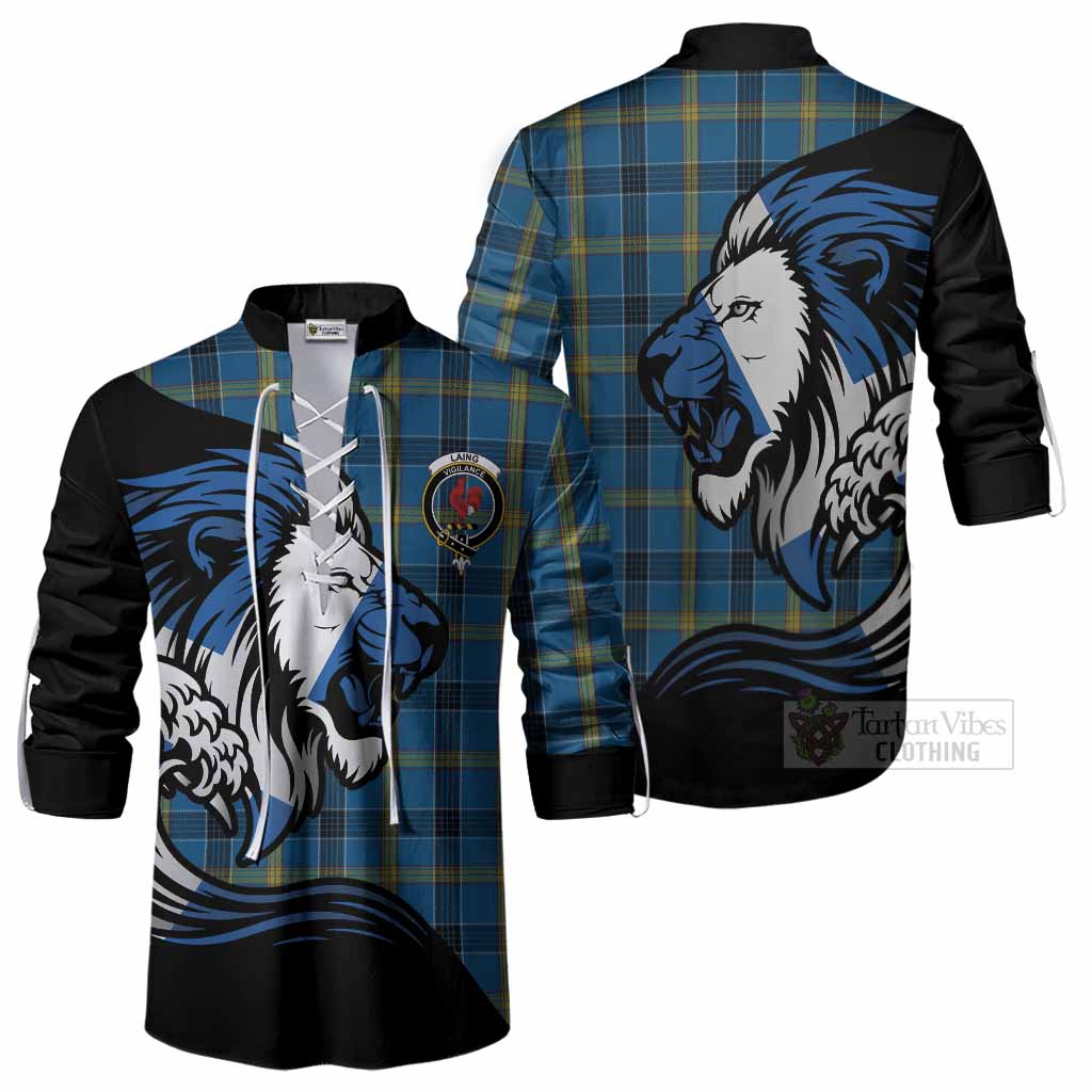 Laing Tartan Crest Ghillie Shirt Scottish Golden Lions Wave Flow
