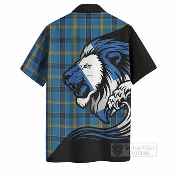 Laing Tartan Crest Hawaiian Shirt Scottish Golden Lions Wave Flow