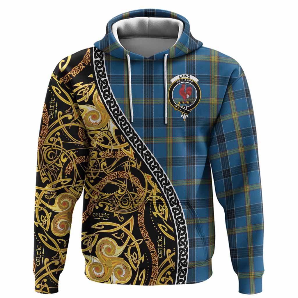 Laing Tartan Crest Hoodie Celtic Knot and Triple Trickle Spiral Symbols