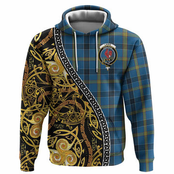 Laing Tartan Crest Hoodie Celtic Knot and Triple Trickle Spiral Symbols