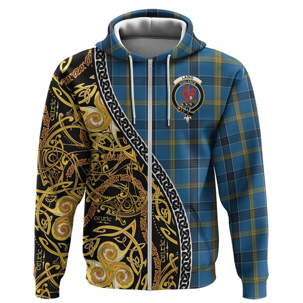 Laing Tartan Crest Hoodie Celtic Knot and Triple Trickle Spiral Symbols