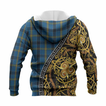 Laing Tartan Crest Knitted Hoodie Celtic Knot and Triple Trickle Spiral Symbols