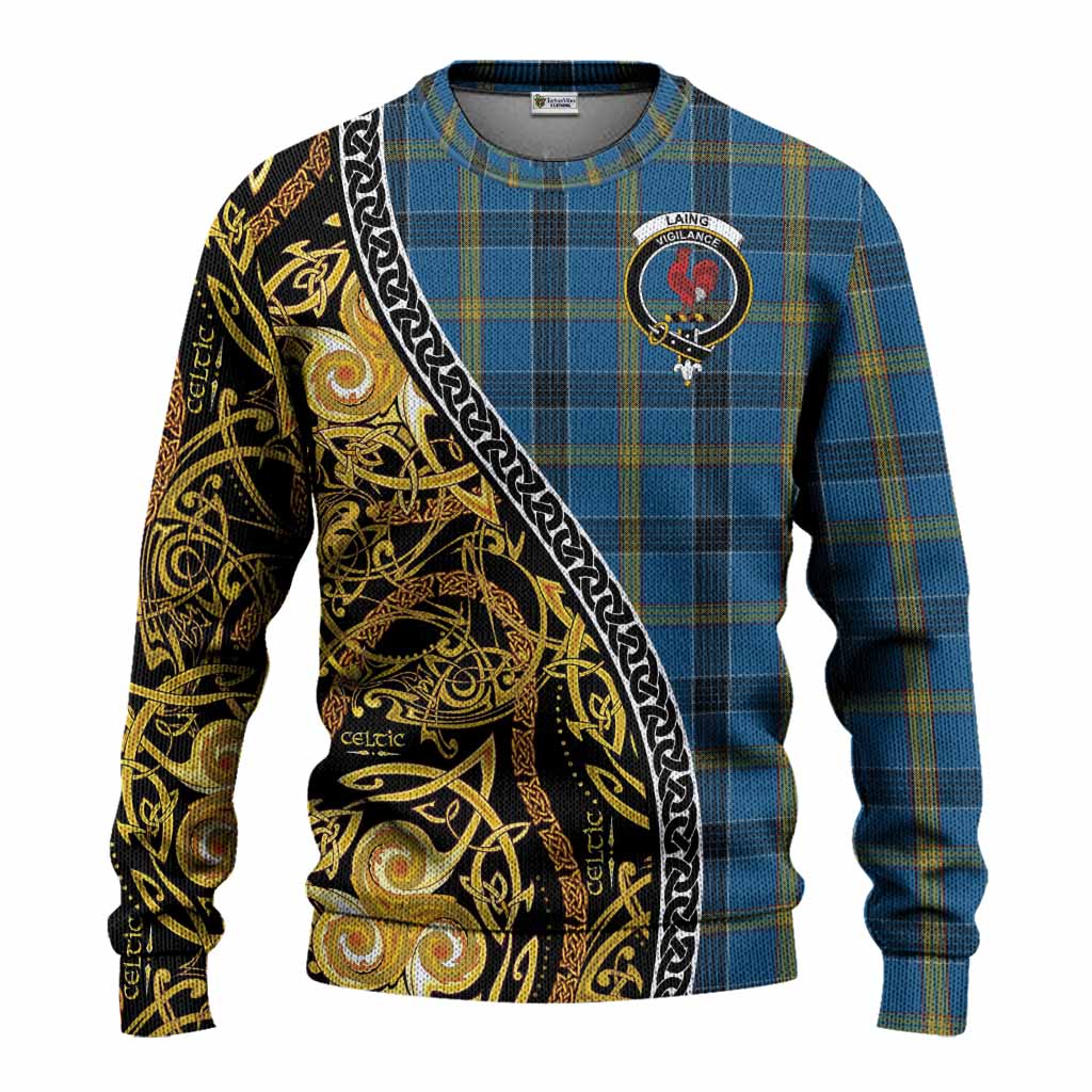 Laing Tartan Crest Knitted Sweater Celtic Knot and Triple Trickle Spiral Symbols