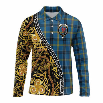Laing Tartan Crest Long Sleeve Polo Shirt Celtic Knot and Triple Trickle Spiral Symbols