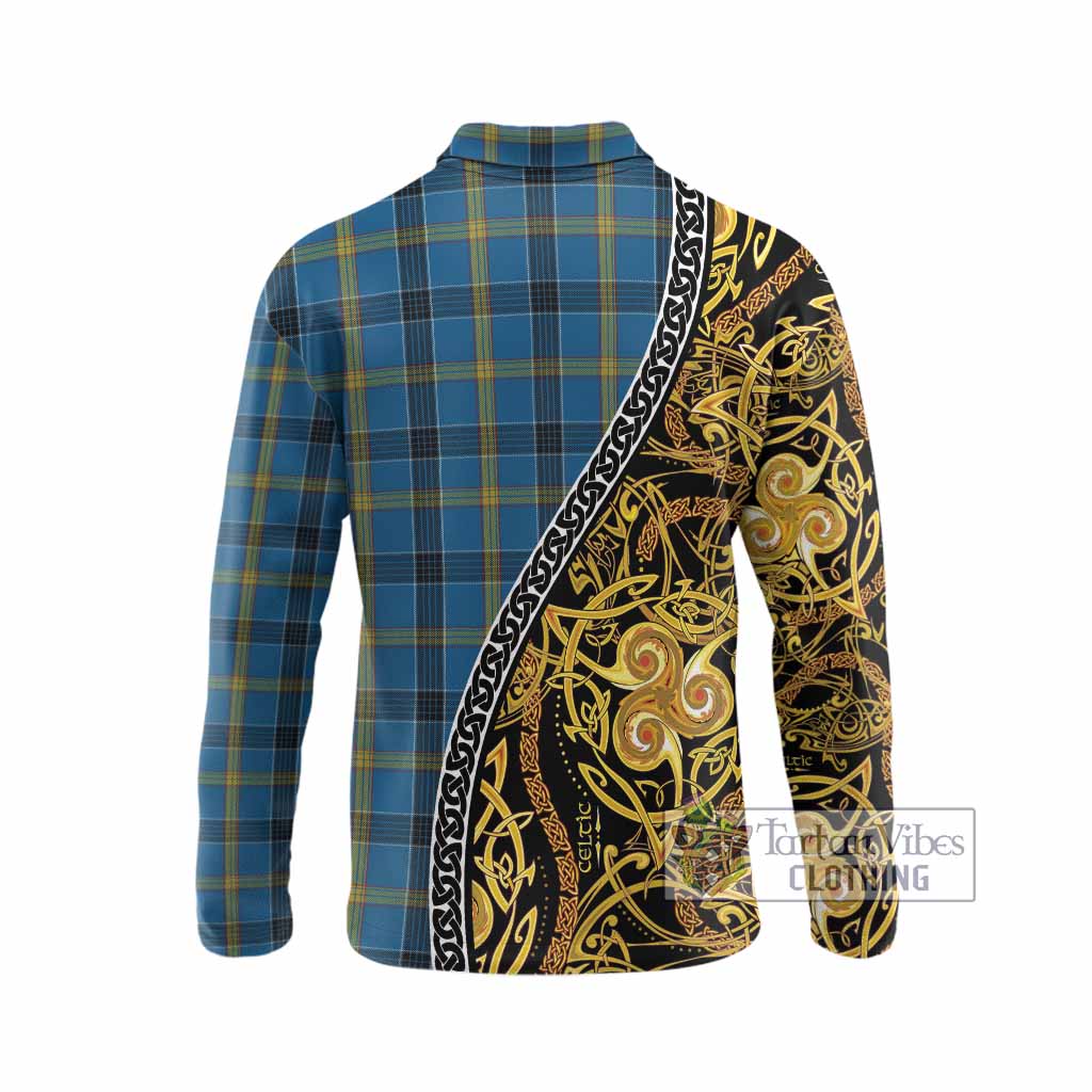Laing Tartan Crest Long Sleeve Polo Shirt Celtic Knot and Triple Trickle Spiral Symbols