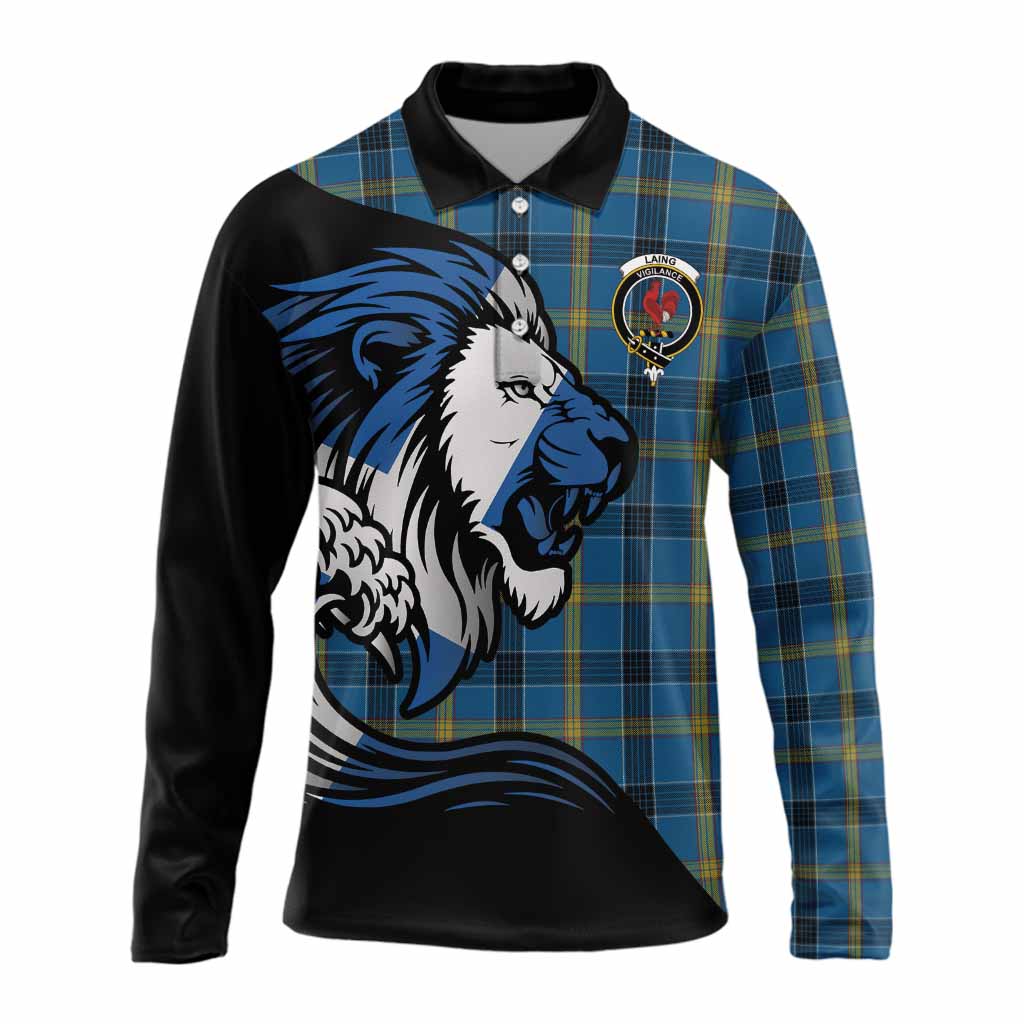 Laing Tartan Crest Long Sleeve Polo Shirt Scottish Golden Lions Wave Flow