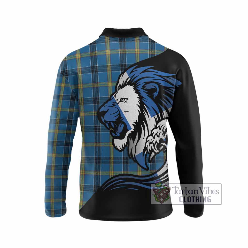 Laing Tartan Crest Long Sleeve Polo Shirt Scottish Golden Lions Wave Flow