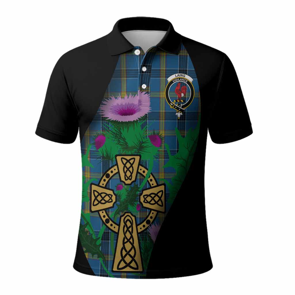 Laing Tartan Crest Polo Shirt Celtic Cross Thistle Flowers