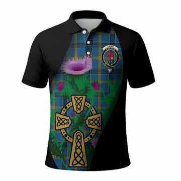 Laing Tartan Crest Polo Shirt Celtic Cross Thistle Flowers