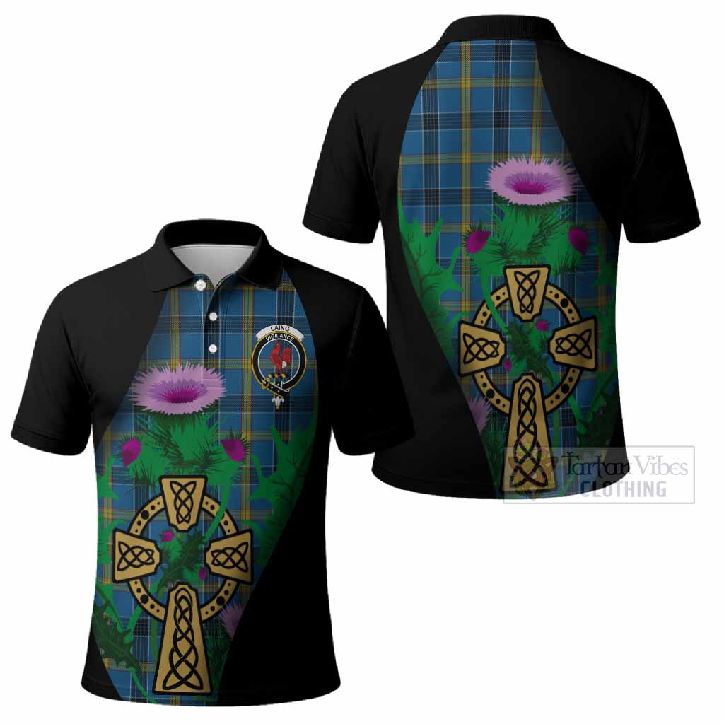 Laing Tartan Crest Polo Shirt Celtic Cross Thistle Flowers