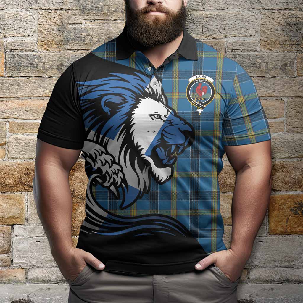 Laing Tartan Crest Polo Shirt Scottish Golden Lions Wave Flow