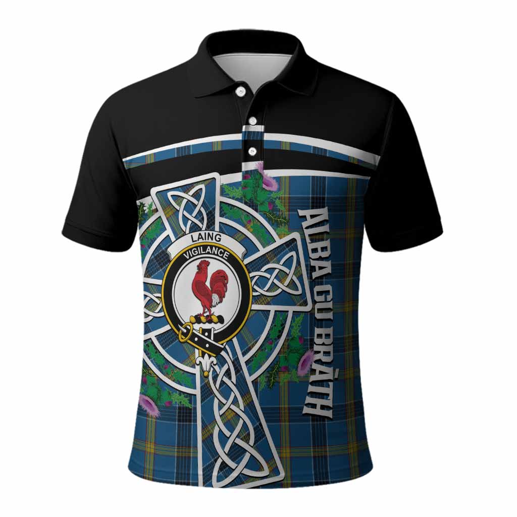 Laing Tartan Crest Polo Shirt Scottish Thistle Celtic Cross Alba Gu Brath
