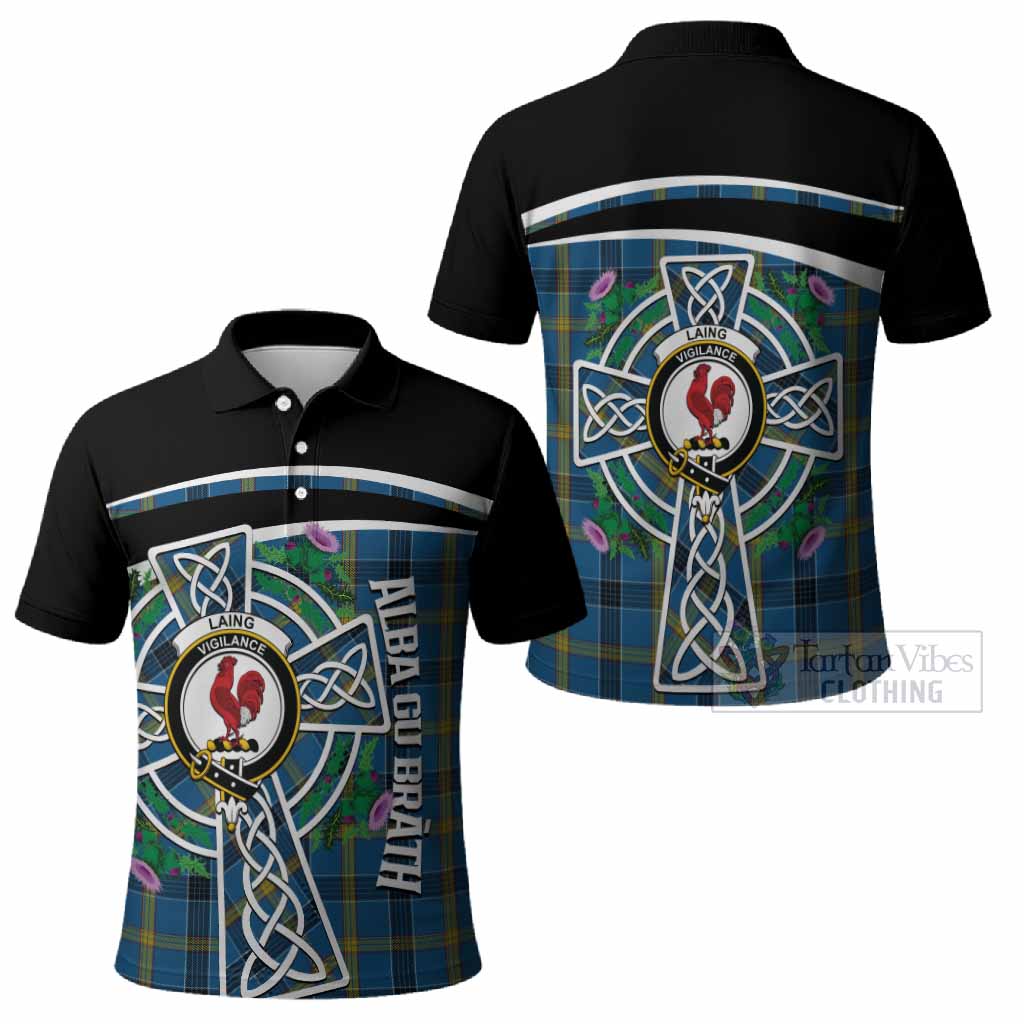Laing Tartan Crest Polo Shirt Scottish Thistle Celtic Cross Alba Gu Brath