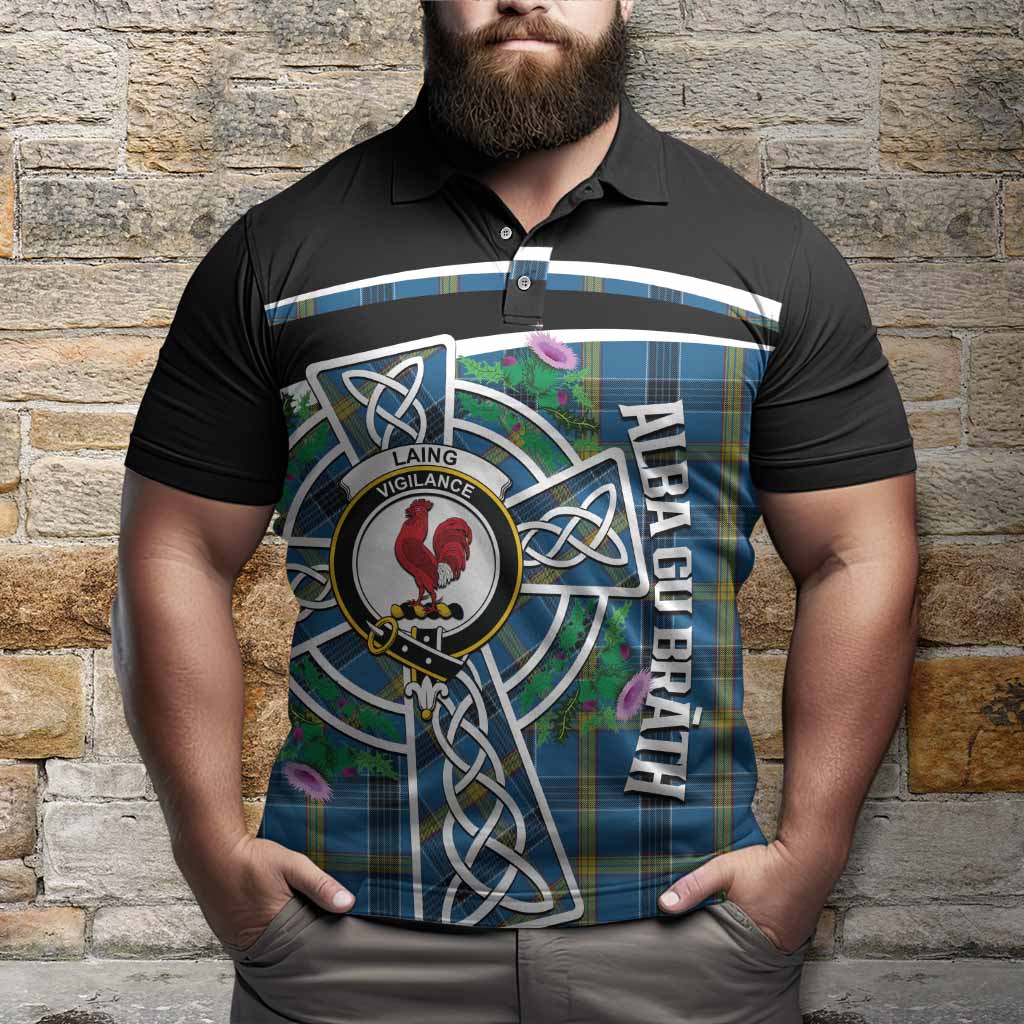 Laing Tartan Crest Polo Shirt Scottish Thistle Celtic Cross Alba Gu Brath