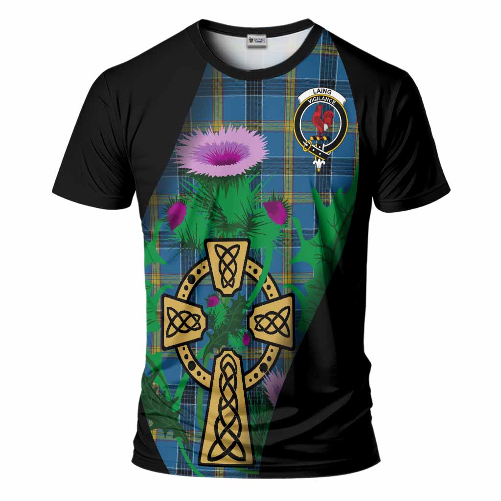 Laing Tartan Crest T-Shirt Celtic Cross Thistle Flowers