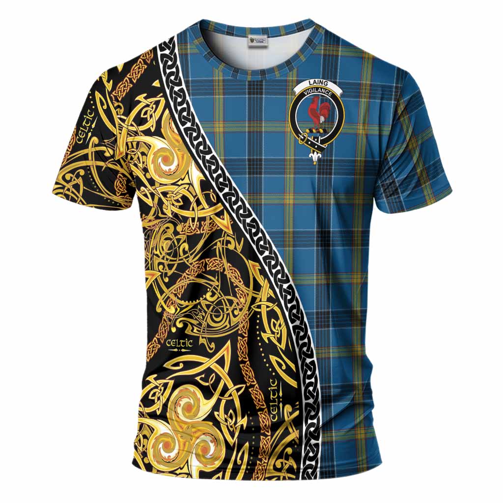 Laing Tartan Crest T-Shirt Celtic Knot and Triple Trickle Spiral Symbols