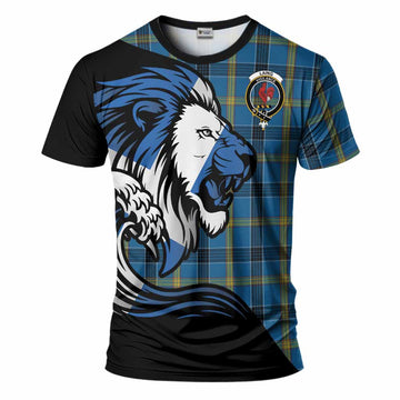Laing Tartan Crest T-Shirt Scottish Golden Lions Wave Flow