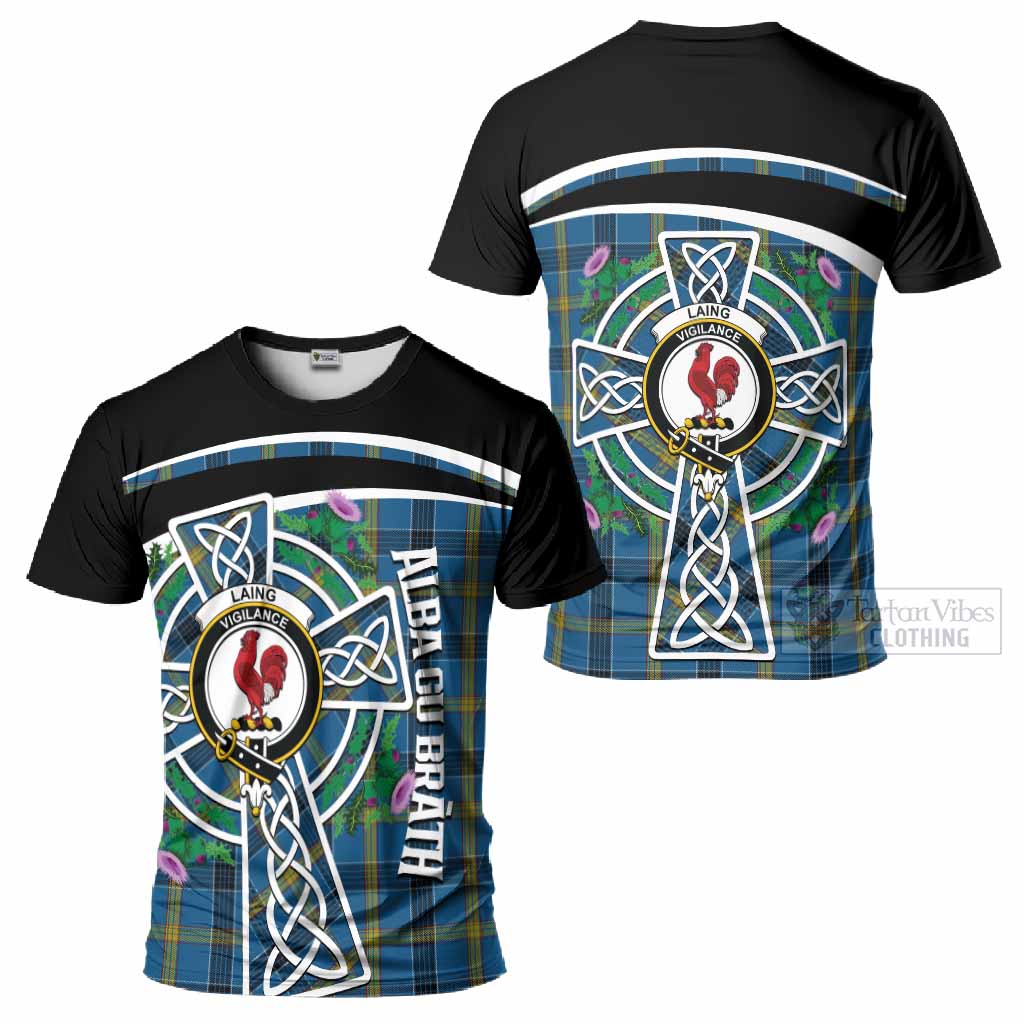 Laing Tartan Crest T-Shirt Scottish Thistle Celtic Cross Alba Gu Brath