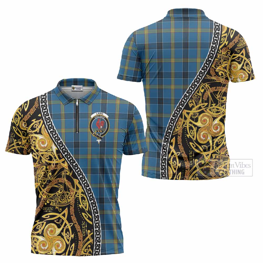 Laing Tartan Crest Zipper Polo Shirt Celtic Knot and Triple Trickle Spiral Symbols