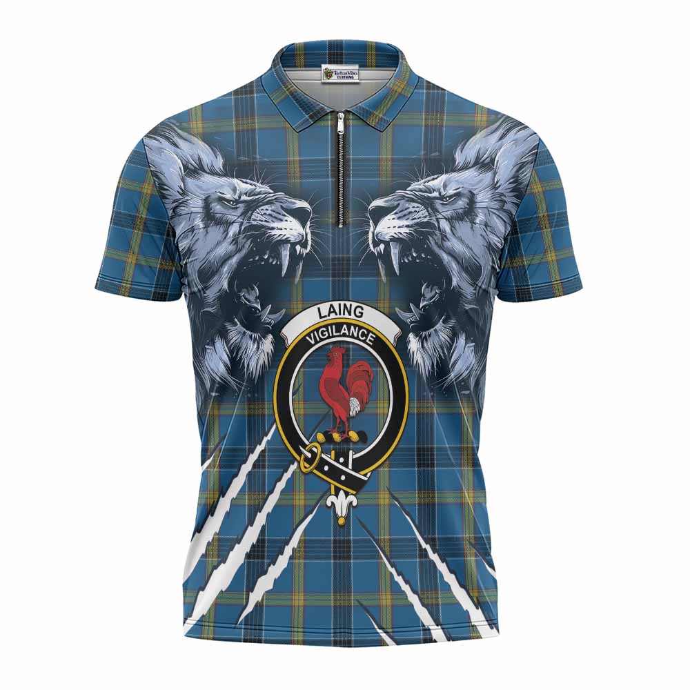 Laing Tartan Crest Zipper Polo Shirt Ferocious Lion Style