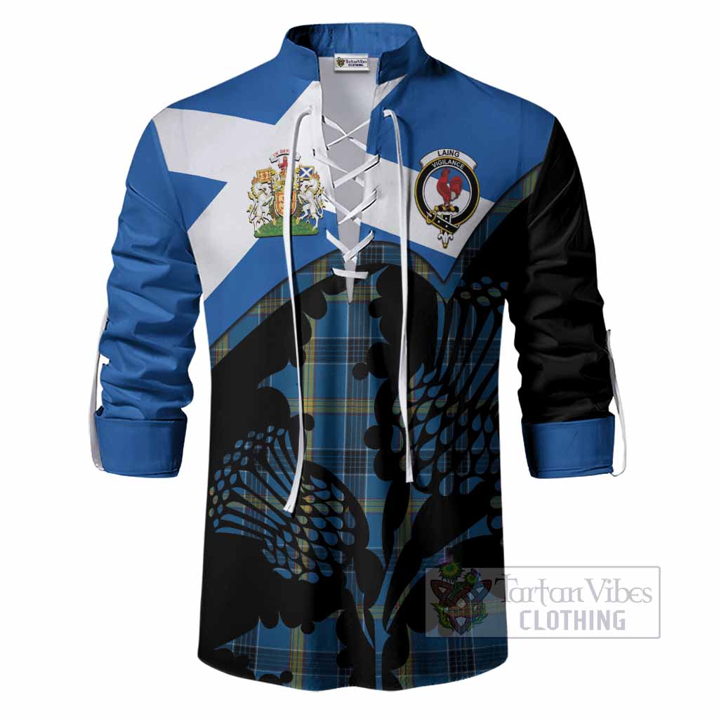 Laing Tartan Family Crest Ghillie Shirt Scotland Thistle Floral Flag Style