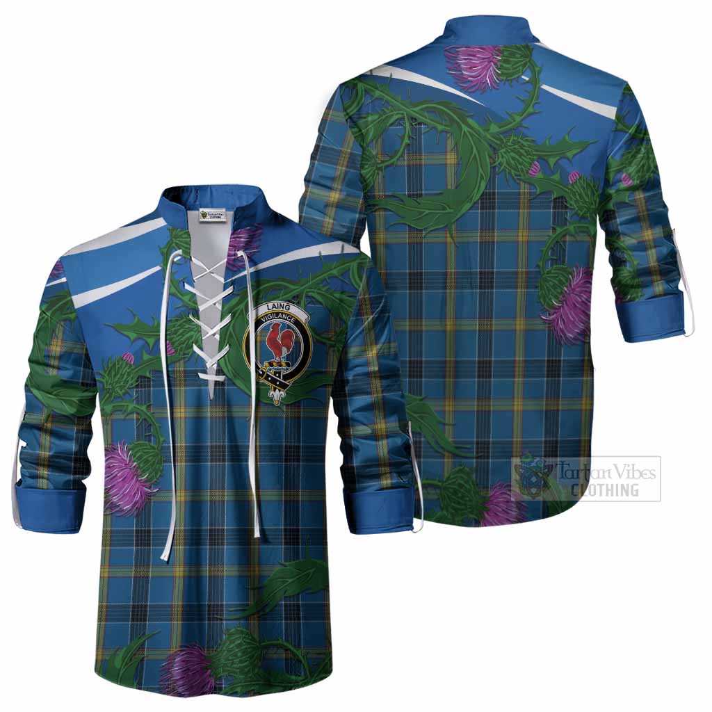 Laing Tartan Family Crest Ghillie Shirt Thistle in Minimalism