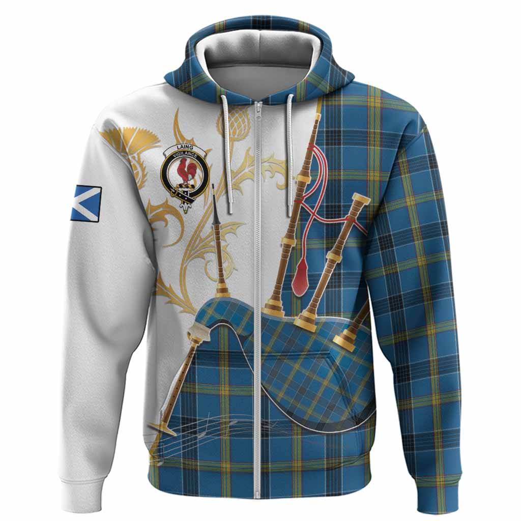 Laing Tartan Family Crest Hoodie Bagpipes with Scottish Thistle